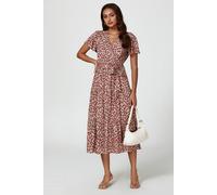 Fs Collection Pink Floral Print Wrap Midi Dress In Beige Beige