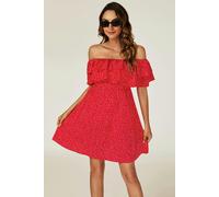 FS Collection Polka Dot Bardot Frill Mini Dress In Red - L - Red