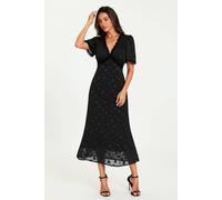 Fs Collection Polka Dot Jacquard Lace Trim Midi Dress In Black Black