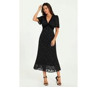 FS Collection Polka Dot Jacquard Lace Trim Midi Dress In Black - L - Black