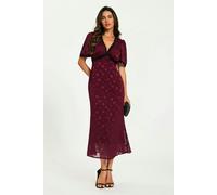 FS Collection Polka Dot Jacquard Lace Trim Midi Dress In Wine - S - Wine