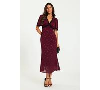 Fs Collection Polka Dot Jacquard Lace Trim Midi Dress In Wine Wine