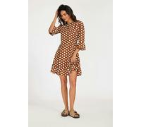 FS Collection Polka Dot Print Frill Detail Mini Dress In Brown - L - Brown