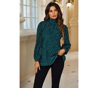 Fs Collection Polka Dot Print Long Sleeve Back Tie Blouse Top In Green Green