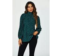 FS Collection Polka Dot Print Long Sleeve Back Tie Blouse Top In Green - XL - Green