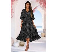 Fs Collection Polka Dot Print Wrap Top Kimono Sleeve Maxi Dress In Black Black
