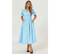 FS Collection Puff Sleeve Button Down Denim Midi Dress In Light Blue - M - Light Blue