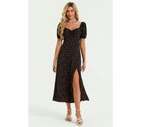 FS Collection Puff Sleeve Heart Neckline Midi Dress In Black - XL - Black