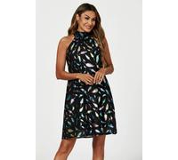 FS Collection Rainbow Leaf Foil Halter Neck Tie Back Mini Dress In Black - XS - Black