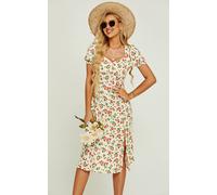 Fs Collection Red Cherry Print Tie Front Slip Leg Dress In Beige Beige 12