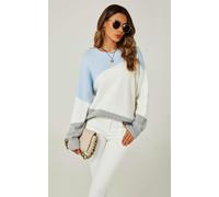 FS Collection Relaxed Grey & White Block Colour Jumper Top In Blue