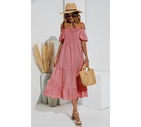 FS Collection Relaxed Off Shoulder Bardot Frill Midi Dress In Red - M - Red