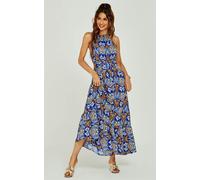 FS Collection Rose Flora Print Halterneck Tiered Maxi Dress In Royal Blue - L
