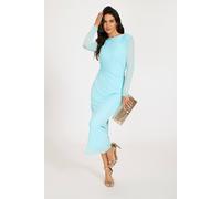Fs Collection Ruched Mesh Long Sleeve Midi Dress In Aqua Aqua