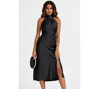 Fs Collection Satin Halter Neck Tie Back Cut Detail Split Midi Dress In Black Black
