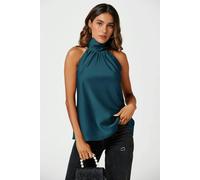 FS Collection Satin Halter Neck Tie Back Top In Teal - XL - Teal