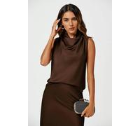 FS Collection Satin High Neck Sleeveless Blouse In Brown - M - Brown