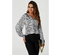 Fs Collection Satin Snake Print Collarless Long Sleeve Blouse Top In Grey Grey XS