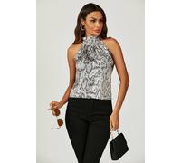 Fs Collection Satin Snake Print Halter Neck Tie Back Top In Silver Grey Grey