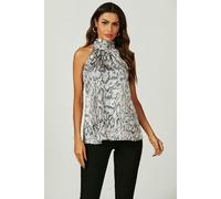 FS Collection Satin Snake Print Halter Neck Tie Back Top In Silver Grey - S - Grey