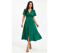 Fs Collection Satin V Neckline Button Detail Dress In Green Green