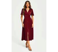 FS Collection Satin V neckline Button Detail Dress In Wine - S - Wine
