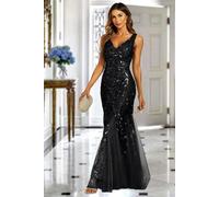 FS Collection Sequin Leaf Detailed V Neck Bridesmaid Maxi Dress In Black - XL - Black