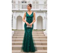 Fs Collection Sequin Leaf Detailed V Neck Bridesmaid Maxi Dress In Green Green