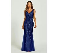 FS Collection Sequin Leaf Detailed V Neck Bridesmaid Maxi Dress In Navy - M - Navy