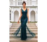 Fs Collection Sequin Leaf Detailed V Neck Bridesmaid Maxi Dress In Teal Teal