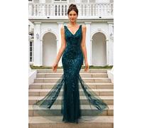 FS Collection Sequin Leaf Detailed V Neck Bridesmaid Maxi Dress In Teal - XL - Teal