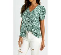 Fs Collection Short Sleeve Buttoned Blouse Top In Green & White Flora Print Green