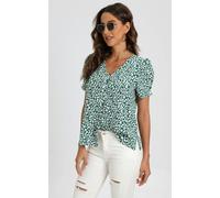FS Collection Short Sleeve Buttoned Blouse Top In Green & White Flora Print - XS - Green