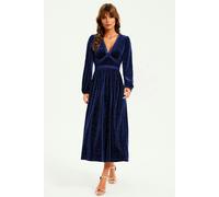 FS Collection Silver Foil Velvet Lace Trim Neckline Midi Dress In Navy - L - Navy