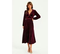 FS Collection Silver Foil Velvet Lace Trim Neckline Midi Dress In Wine - XL - Wine