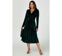 FS Collection Silver Sparkly Velvet Wrap Top Midi Dress In Green - S - Green