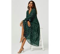 FS Collection Silver Star Foil Long Sleeve Maxi Dress In Green - XS - Green