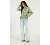 FS Collection Silver Thread Leaf Print Long Sleeve Blouse Top In Green - XL - Green