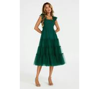 FS Collection Sleeveless Smocked Ruffle Tulle Dress In Forest Green - M - Forest Green