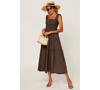 Fs Collection Smocked Frill Strap Tiered Midi Dress In Brown Brown