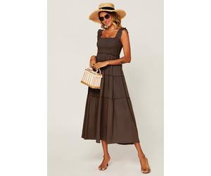 Fs Collection Smocked Frill Strap Tiered Midi Dress In Brown Brown