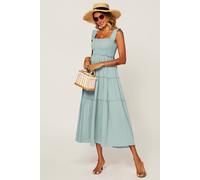 Fs Collection Smocked Frill Strap Tiered Midi Dress In Duck Egg Blue Duck Egg Blue