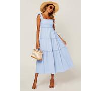 Fs Collection Smocked Frill Strap Tiered Midi Dress In Light Blue Light Blue