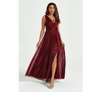 FS Collection Sparkly V Neck Bridesmaid Maxi Dress In Burgundy - L - Burgundy