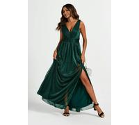 FS Collection Sparkly V Neck Bridesmaid Maxi Dress In Green - XL - Green