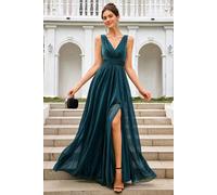 FS Collection Sparkly V Neck Bridesmaid Maxi Dress In Teal - Teal - S