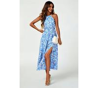 FS Collection Tie Halterneck Floral Print Split Maxi Dress In Blue - XL - Blue