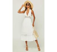 FS Collection V Neck Back Tie Detail Lace Midi Dress In Ivory White - S