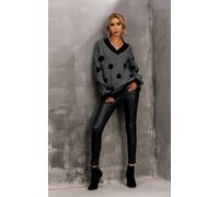 Fs Collection V Neck Jumper In Charcoal Grey & Black Polka Dot Print Charcoal