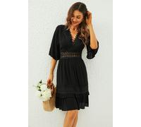 FS Collection V Neck Lace Mini Dress In Black - XS - Black